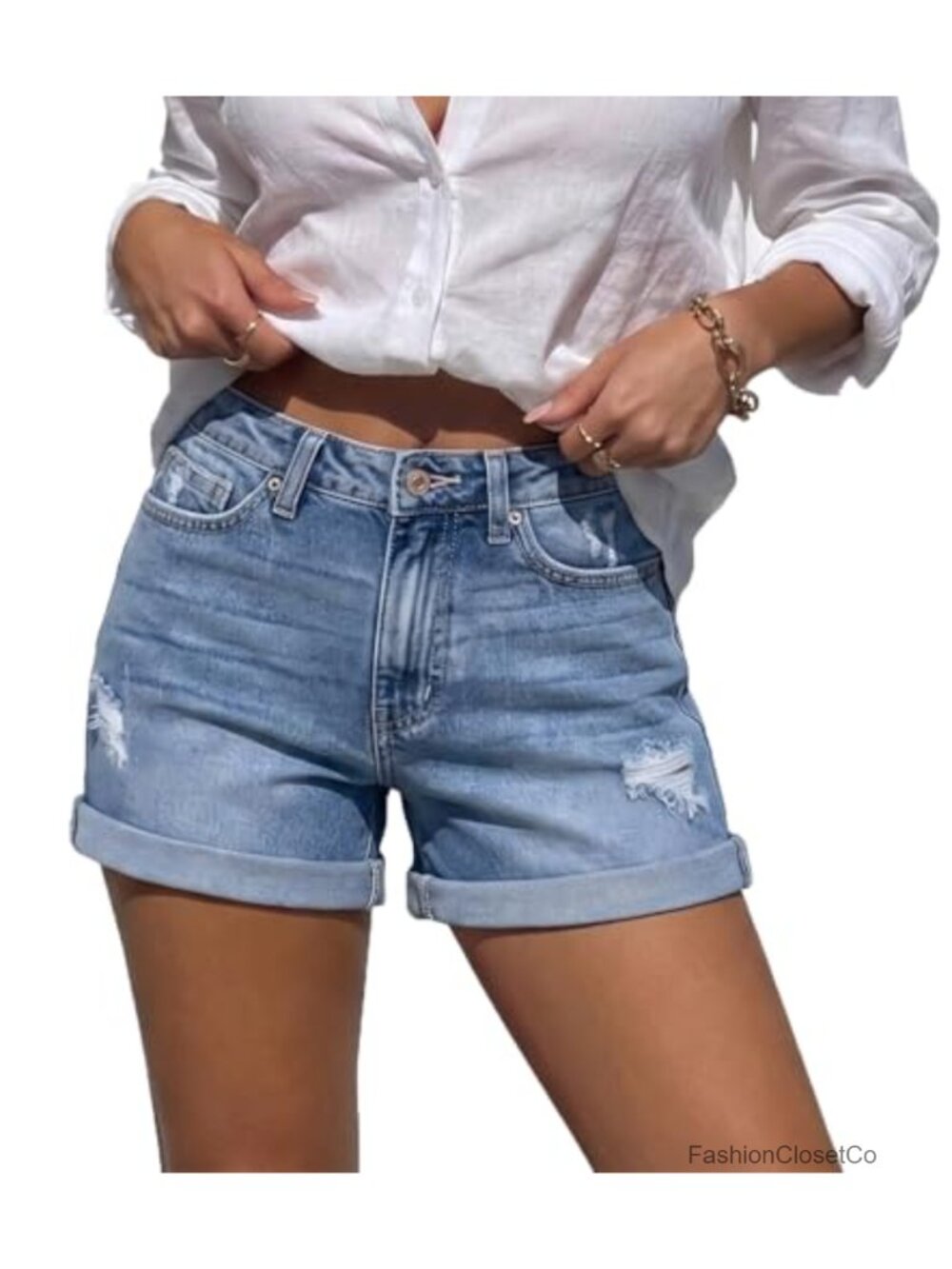 High Rise Ripped Denim Shorts with Pockets, 85% Cotton